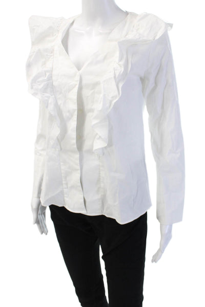Mango Causual Women White Cotton VNeck Button Long Sleeve Classic Blouse Size 4