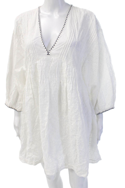 Zara Women Kaftan Dress White Cotton V-Neck 3/4 Sleeve Mini Boho Size M