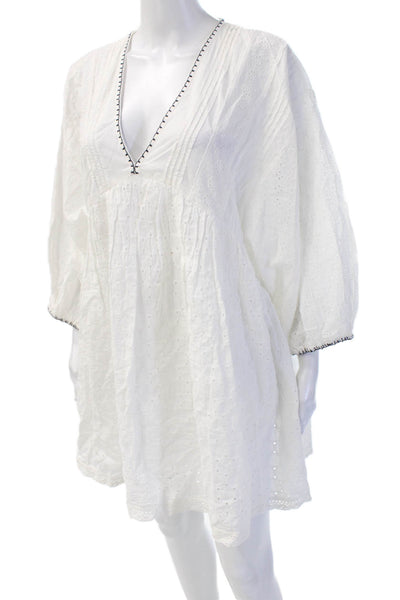 Zara Women Kaftan Dress White Cotton V-Neck 3/4 Sleeve Mini Boho Size M