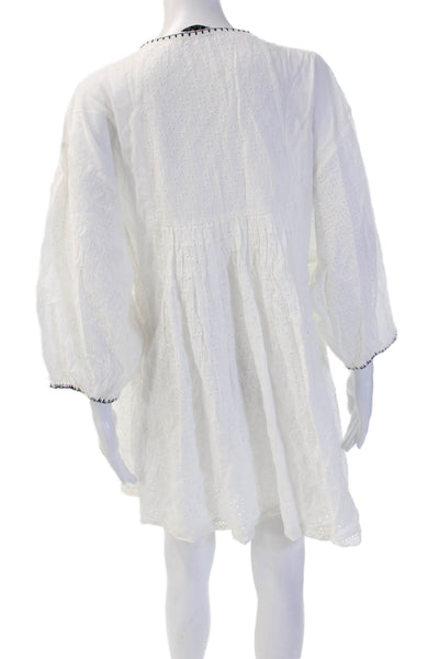 Zara Women Kaftan Dress White Cotton V-Neck 3/4 Sleeve Mini Boho Size M