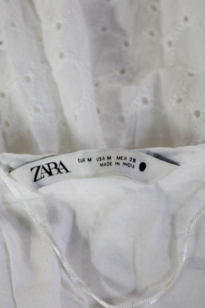 Zara Women Kaftan Dress White Cotton V-Neck 3/4 Sleeve Mini Boho Size M