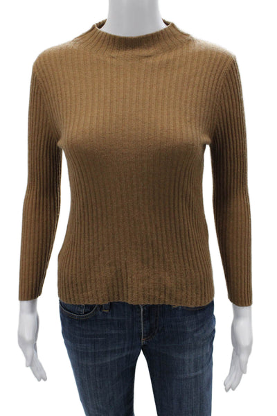 Vince Women Pullover Sweater Brown Striped Mock Neck Cashmere Silk Size XS