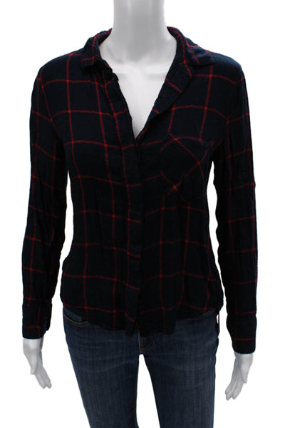 RD Women Dark Blue Plaid Rayon Collared Button-Up Long Sleeve Grunge Top Size S