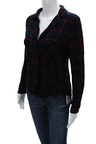 RD Women Dark Blue Plaid Rayon Collared Button-Up Long Sleeve Grunge Top Size S