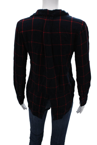 RD Women Dark Blue Plaid Rayon Collared Button-Up Long Sleeve Grunge Top Size S