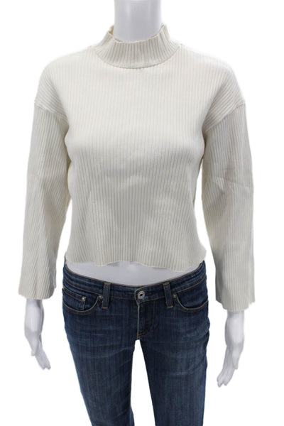 Stateside Womens Cropped Striped Mock Neck Long Sleeve Top White Size XS