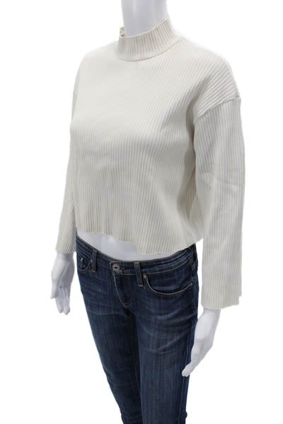 Stateside Womens Cropped Striped Mock Neck Long Sleeve Top White Size XS