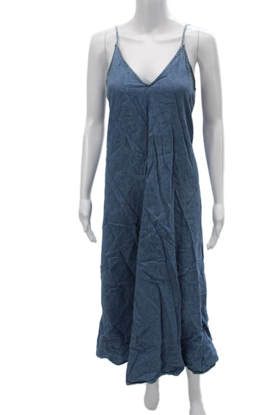 Zara Womens Maxi Slip Dress Blue V Neck Sleeveless Cotton Mid Calf Size S