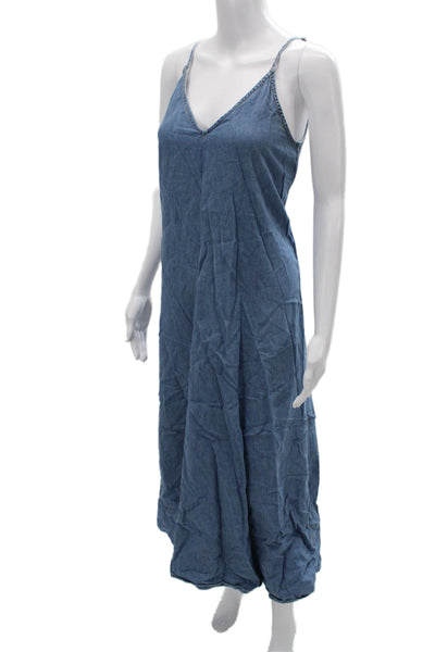 Zara Womens Maxi Slip Dress Blue V Neck Sleeveless Cotton Mid Calf Size S