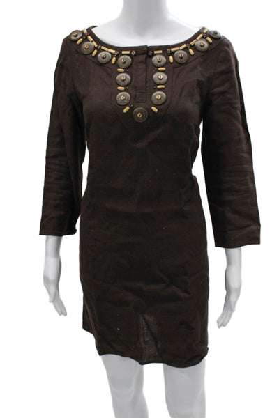 Michael Michael Kors Womens Shift Dress Brown Linen 3/4 Sleeve Size 6