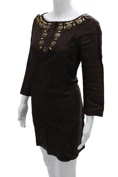 Michael Michael Kors Womens Shift Dress Brown Linen 3/4 Sleeve Size 6
