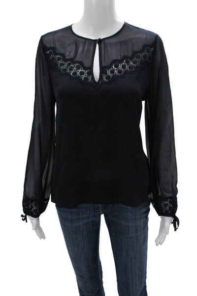 Rebecca Taylor Womens Silk Black Blouse Long Sleeve Round Neck Size 6