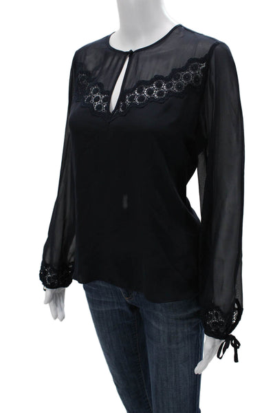 Rebecca Taylor Womens Silk Black Blouse Long Sleeve Round Neck Size 6