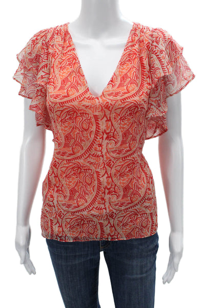 Ramy Brook Women Orange Silk Paisley V-Neck Short Sleeve Bohemian Blouse Size S