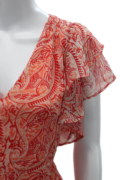 Ramy Brook Women Orange Silk Paisley V-Neck Short Sleeve Bohemian Blouse Size S