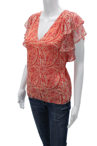 Ramy Brook Women Orange Silk Paisley V-Neck Short Sleeve Bohemian Blouse Size S