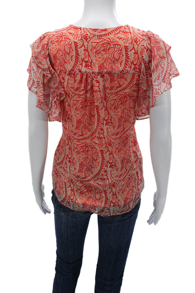 Ramy Brook Women Orange Silk Paisley V-Neck Short Sleeve Bohemian Blouse Size S