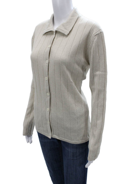 Gillian Hunter Cashmere Women Cardigan Striped Collared Button Beige Size XL