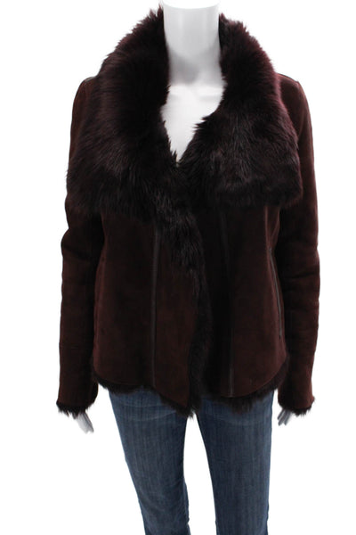 Yves Salomon Women Collared Suede Blend Brown Long Sleeve Jacket Size 36