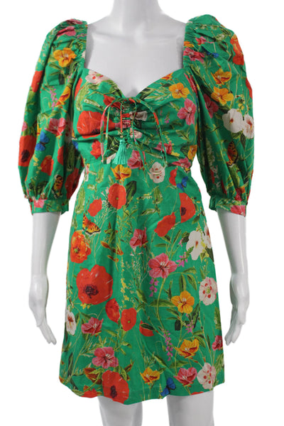 Cara Cara Women Mini Sundress Green Cotton Floral Square Neck 3/4 Sleeve Size M