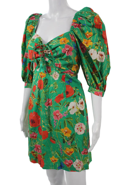 Cara Cara Women Mini Sundress Green Cotton Floral Square Neck 3/4 Sleeve Size M