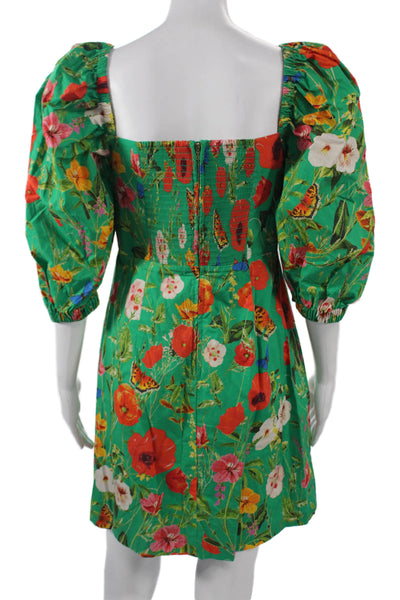 Cara Cara Women Mini Sundress Green Cotton Floral Square Neck 3/4 Sleeve Size M