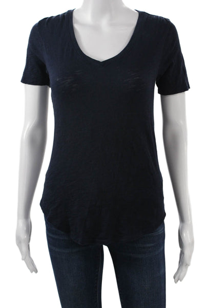 ATM Women Basic T-Shirt Dark Blue V-Neck Short Sleeve 100% Cotton Solid Size XS