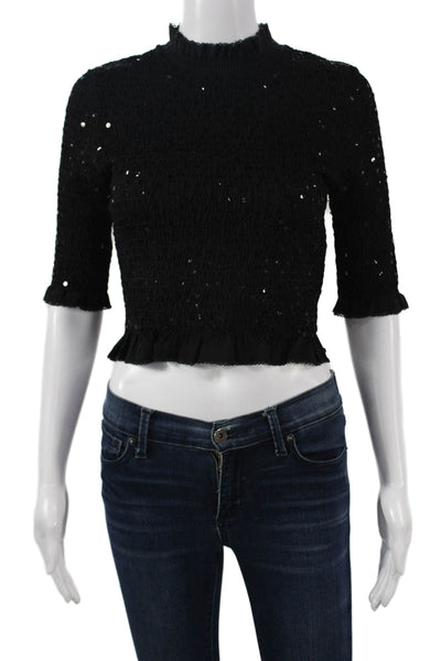 Sandro Women Cropped Mock Neck Black 3/4 Sleeve Top Size 0