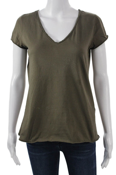 Allsaints Women Green V-Neck Cotton Basic T-Shirt Cap Sleeve Size XS