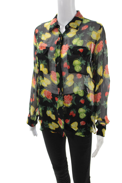 Equipment Femme Women Black Silk Floral Button-Up Long-Sleeve Blouse Size S