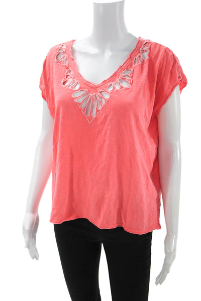 Free People Womens V Neck Cotton Boho T Shirt Pink Short Sleeve Size XS