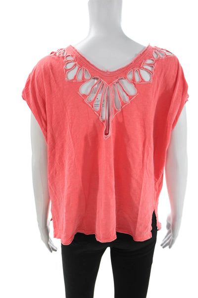 Free People Womens V Neck Cotton Boho T Shirt Pink Short Sleeve Size XS