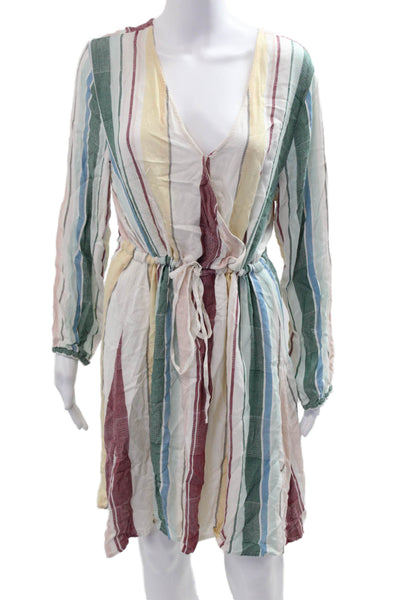 Rails Women Kaftan Dress Green Striped V-Neck Long Sleeve Cotton Blend Size L