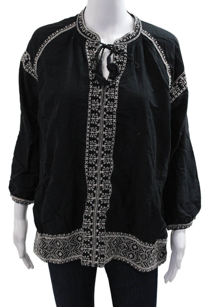 Madewell Women Black Geometric Tunic Blouse 3/4 Sleeve Cotton Bohemian Size L