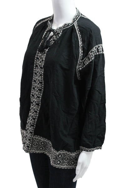 Madewell Women Black Geometric Tunic Blouse 3/4 Sleeve Cotton Bohemian Size L