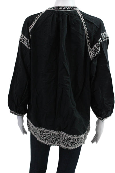 Madewell Women Black Geometric Tunic Blouse 3/4 Sleeve Cotton Bohemian Size L