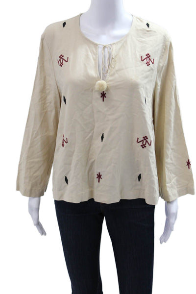 Madewell Women Tunic Beige Silk Long Sleeve Drawstring Geometric Size L