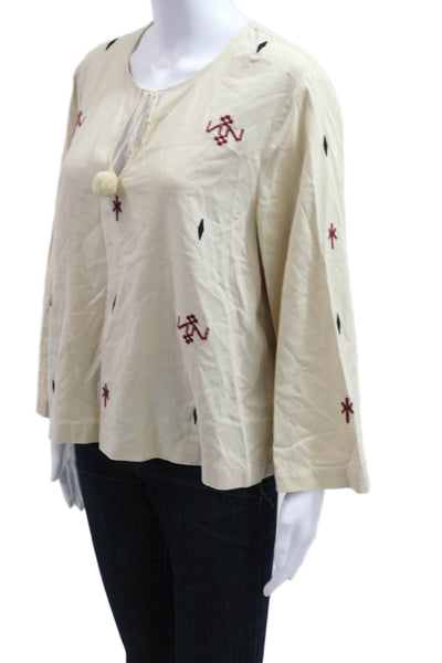 Madewell Women Tunic Beige Silk Long Sleeve Drawstring Geometric Size L