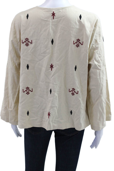 Madewell Women Tunic Beige Silk Long Sleeve Drawstring Geometric Size L