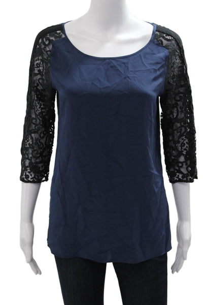 Parker Women Silk Blouse Dark Blue Round Neck 3/4 Sleeve Classic Size L