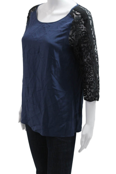 Parker Women Silk Blouse Dark Blue Round Neck 3/4 Sleeve Classic Size L