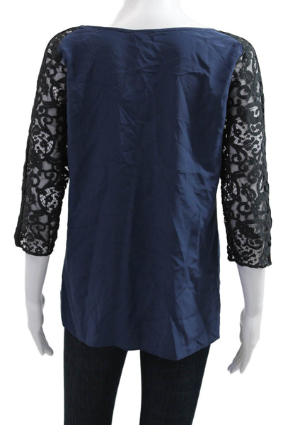 Parker Women Silk Blouse Dark Blue Round Neck 3/4 Sleeve Classic Size L