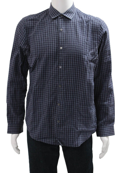 Theory Men Point Collar Check Button-Up Dark Blue Cotton Shirt Size M
