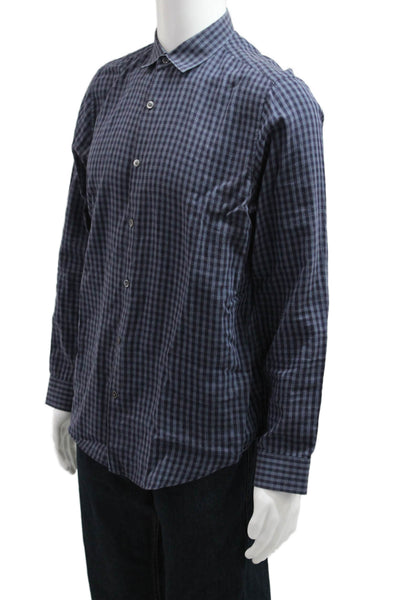 Theory Men Point Collar Check Button-Up Dark Blue Cotton Shirt Size M