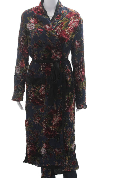 Zara Women Dark Blue Floral Collared Tie Waist Jacket Long Sleeve Size S