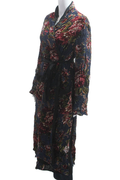 Zara Women Dark Blue Floral Collared Tie Waist Jacket Long Sleeve Size S