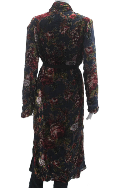 Zara Women Dark Blue Floral Collared Tie Waist Jacket Long Sleeve Size S