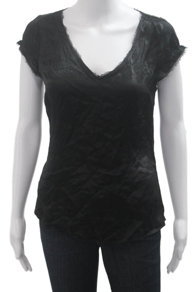 Tahari Women Basic Black V-Neck Silk Poly Short Sleeve Blouse Size S