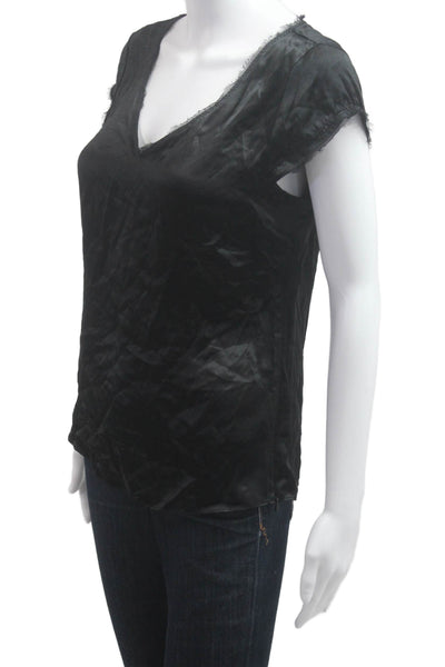 Tahari Women Basic Black V-Neck Silk Poly Short Sleeve Blouse Size S