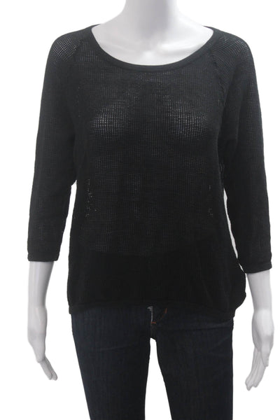 Standard James Perse Women Black Cotton Basic 3/4 Sleeve Round Neck Top Size 1